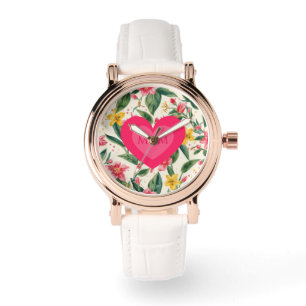Montre Fête des Mères, Motif Cœur et Fleurs Rose Amour