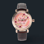 Montre fête du 30e anniversaire corail or dahlia fleurs<br><div class="desc">Une montre branchée pour un cadeau de 30e anniversaire. Avec un faux cadre hexagone en or géométrique. Décoré de fleurs de dahlia aquarellées en rose, crème et corail. Vivre corail avec des pois comme arrière - plan. Modèles pour un nom, 30 ans et une date. Date de naissance ou date...</div>