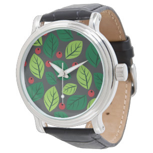 Montre Feuilles Vertes, Baies Rouges, Motif De Feuilles
