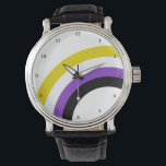 Montre Fierté arc-en-ciel non binaire personnalisée<br><div class="desc">Les couleurs non binaires du jaune,  du blanc,  du violet et du noir créent l'arc-en-ciel cool sur cette amusante montre personnalisée de fierté. Ils Them bracelet pour un ami non-binaire dans la communauté de genre.</div>