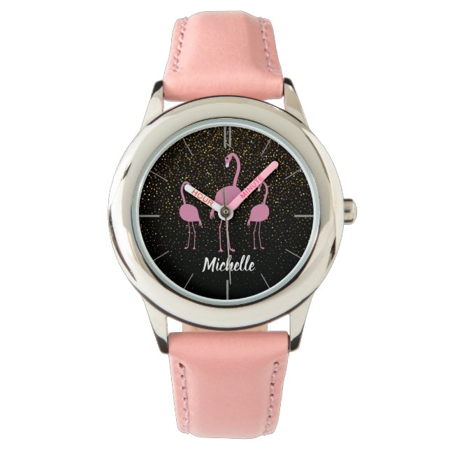 Montre Fille Flamant rose rose personnalisée (devant)
