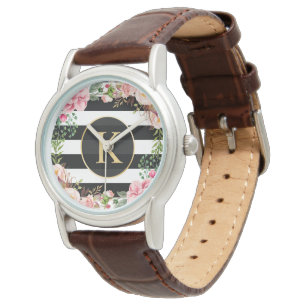 Montre Fille Floral Enveloppement noir blanc rayures Mono