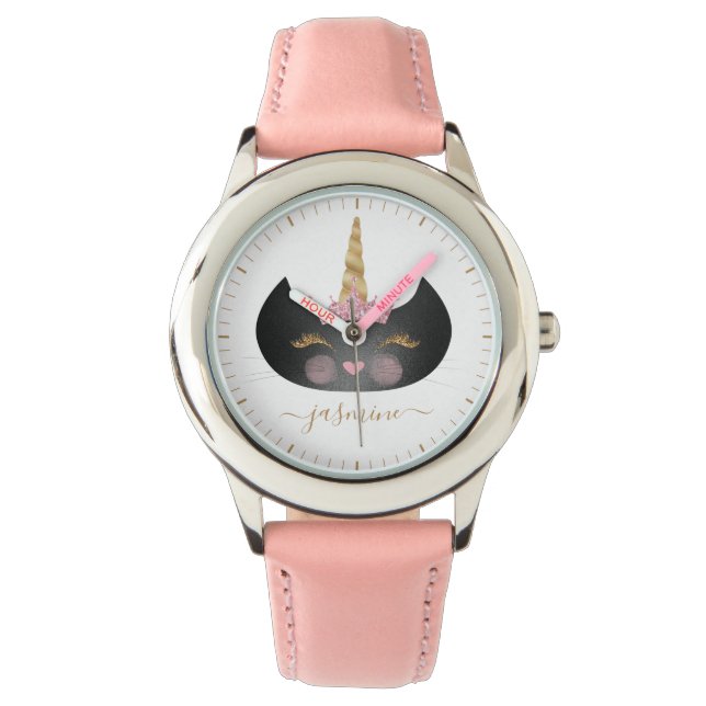 Montre Fille Noir Caticorn Face Gold Script Monogramme (devant)