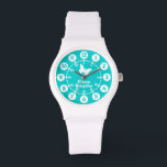 Montre Filles aqua turquoise & blanc nom complet bracelet<br><div class="desc">Montre d'art graphique avec un simple papillon blanc. Idéal pour les filles regarder les fonctions à la fois minutes et heures. Personnaliser avec votre nom complet exemple dit Fiona Smythe. Idéal pour l'école et le sport,  car présente votre fille nom complet.</div>