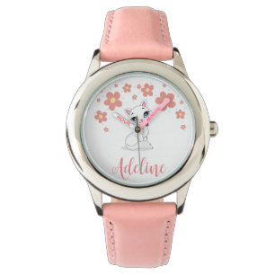 Montre Filles Chat blanc avec fleurs Nom personnalisé