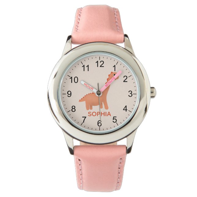 Montre Filles Cool et mignonne dinosaure rose & nom (devant)