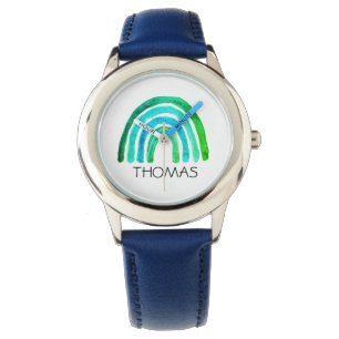 Montre Filles Cute Boho Aquarelle Arc-en-ciel et nom Bleu
