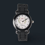 Montre Filles Cute Chat Blanc avec Fleurs et Nom Enfants<br><div class="desc">Cette belle et chic enfant montre design dispose d'un mignon dessin animé de chat blanc et d'une couronne de fleurs d'aquarelle, avec une couleur arrière - plan personnalisable et un endroit pour votre ajouter le nom de votre fille dans une police élégante.</div>