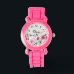 Montre Filles Fleurs botaniques roses mignonnes et nom En<br><div class="desc">Ce jeune enfant à fleurs mignonnes et girly montre design dispose de fleurs d'aquarelle rose mignonne et de chiffres clairs, et a l'espace pour vous d'écrire votre nom de filles dans une police élégante. Le cadeau botanique vintage parfait pour votre petit.</div>