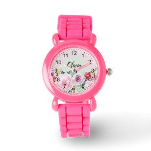 Montre Filles Fleurs botaniques roses mignonnes et nom En