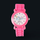 Montre Filles mignonne arc-en-ciel Narwhal Dessin et nom<br><div class="desc">Cette magnifique montre pour enfants présente une adorable caricature dessinée à la main de narval arc-en-ciel. Ce joli design coloré dispose également d'un endroit où vous pouvez ajouter le nom de votre fille. Avec des chiffres clairs et faciles à lire, cette "première" montre est idéale pour ceux qui commencent à...</div>