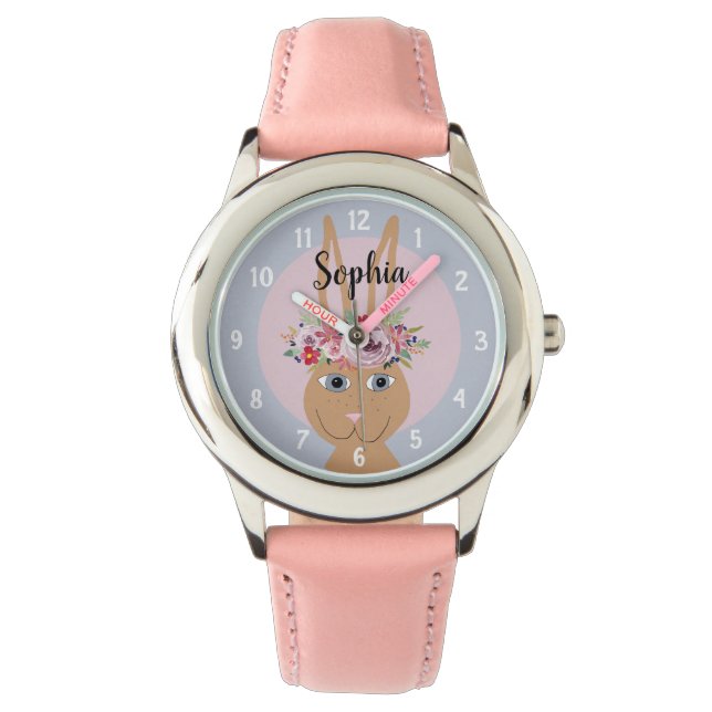 Montre Filles mignonne Floral Aquarelle Rabbit et nom Enf (devant)