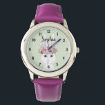 Montre Filles mignonne Floral Aquarelle Rabbit et nom Enf<br><div class="desc">Cette montre d'enfant fantaisiste et girly présente un beau lapin lapin blanc peint à la main avec une magnifique couronne de fleurs dans ses cheveux, sur un arrière - plan vert neutre. Cette aquarelle fleurie dispose également d'un endroit où vous pouvez ajouter le nom de votre fille dans une typographie...</div>