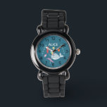 Montre Filles mignonne moderne arc-en-ciel Narwhal et nom<br><div class="desc">Cette montre pour enfants moderne et mignonne présente un dessin de narval dessiné à la main, avec une méduse, une étoile de mer, des algues et des coquillages. Ce joli design coloré dispose également d'un endroit où vous pouvez ajouter le nom de votre fille. Avec des chiffres clairs et faciles...</div>