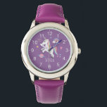 Montre Filles mignonne violet licorne Arc en ciel et nom<br><div class="desc">Cette montre pour enfants mignonne et moderne présente un dessin animé de licorne, avec un arc-en-ciel, un coeur, une planète, des étoiles et une couronne, et peut être personnalisée avec votre nom de filles. Avec des chiffres clairs et faciles à lire, cette "première" montre est idéale pour un enfant ou...</div>