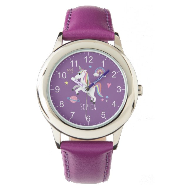 Montre Filles mignonne violet licorne Arc en ciel et nom  (devant)