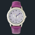 Montre Filles mignonne violet licorne magique et nom Enfa<br><div class="desc">Ce modèle de montre mignon et fantaisiste fait partie d'une collection de gribouillis mignon pour vêtements de fille, accessoires et décoration de pépinière. Ce design présente une licorne pastel dessinée à la main sur un arrière - plan violet et peut être personnalisée avec le nom de votre fille. Parfait pour...</div>