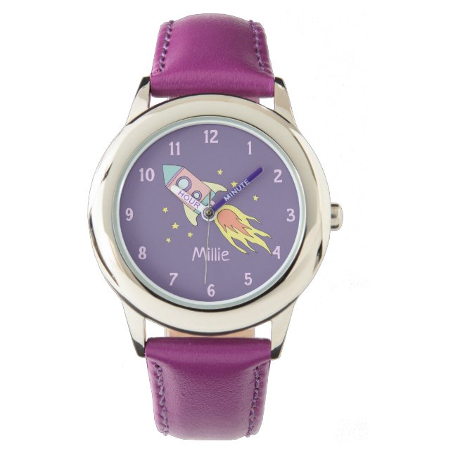 Montre Filles mignonne violet Rocket Ship Space and Name  (devant)