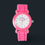 Montre Filles mignonnes et moderne rose arc en ciel et no<br><div class="desc">Cette montre pour enfants mignonne et moderne présente un magnifique dessin animé en arc-en-ciel de boho, et peut être personnalisée avec votre nom de filles. Avec des chiffres clairs et faciles à lire, cette "première" montre est idéale pour un enfant ou un tout-petit qui commence à apprendre l'heure. Le design...</div>