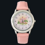Montre Filles mignonnes et rose Princess Castle Fairytale<br><div class="desc">Les enfants de ce conte de fées magique et mignon regardent la conception d'un prince et d'une princesse, avec un château rose enchanté, des papillons, des fleurs, des lièvres, un cerf magique et des champignons fantaisistes. Ce design rose et girly "une fois dans le temps" peut être facilement personnalisé avec...</div>