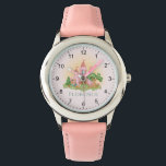 Montre Filles mignonnes et rose Princess Castle Fairytale<br><div class="desc">Les enfants de ce conte de fées magique et mignon regardent la conception d'un prince et d'une princesse, avec un château rose enchanté, des papillons, des fleurs, des lièvres, un cerf magique et des champignons fantaisistes. Ce design rose et girly "une fois dans le temps" peut être facilement personnalisé avec...</div>