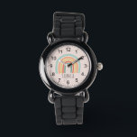 Montre Filles mignonnes et tendance Boho rose arc-en-ciel<br><div class="desc">Cette montre pour enfants mignonne et girly présente une illustration en arc-en-ciel boho tendance sur un arrière - plan rose. Ce design chic et élégant dispose également d'un endroit pour ajouter le nom de votre fille dans une police minimaliste simple. Avec des chiffres clairs et faciles à lire, cette "première"...</div>
