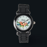 Montre Filles mignonnes fleurs d'aquarelle et nom<br><div class="desc">Ce jeune enfant à fleurs mignonnes et modernes regarde le design avec des fleurs colorées d'aquarelle, et a de l'espace pour que vous écriviez votre nom de fille dans une belle typographie. La montre est également dotée de chiffres clairs et faciles à lire, ce qui la rend parfaite pour la...</div>