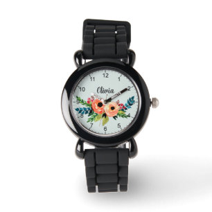 Montre Filles mignonnes fleurs d'aquarelle et nom