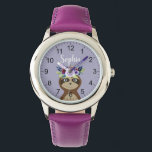 Montre Filles mignonnes Fleurs d'aquarelle et nom Enfants<br><div class="desc">Cette jeune fille moderne et fillette montre une belle caricature en paresse peinte à la main avec une magnifique couronne de fleurs dans ses cheveux, sur un mignon arrière - plan violet. Cette montre à l'aquarelle fleurie en parfum dispose également d'un endroit où vous pouvez ajouter le nom de votre...</div>