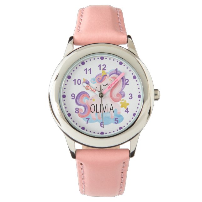Montre Filles mignonnes rose violet Unicorne Nom personna (devant)