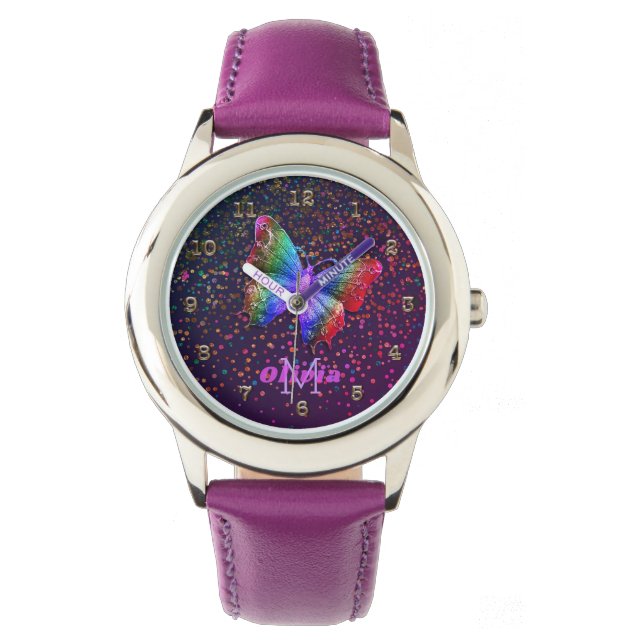 Montre Filles Papillon violet Parties scintillant Nom per (devant)