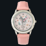 Montre Filles Rose Aquarelle Safari Zèbre et nom Enfants<br><div class="desc">Cette montre pour enfants branchée et mignonne présente une caricature zébrée,  des fleurs d'aquarelle,  et vous permet d'ajouter le nom de vos filles dans une belle typographie. Un cadeau parfait pour tous les passionnés de safari animal.</div>