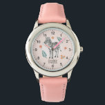 Montre Filles Rose Aquarelle Safari Zèbre et nom Enfants<br><div class="desc">Cette montre pour enfants branchée et mignonne présente une caricature zébrée,  des fleurs d'aquarelle,  et vous permet d'ajouter le nom de vos filles dans une belle typographie. Un cadeau parfait pour tous les passionnés de safari animal.</div>