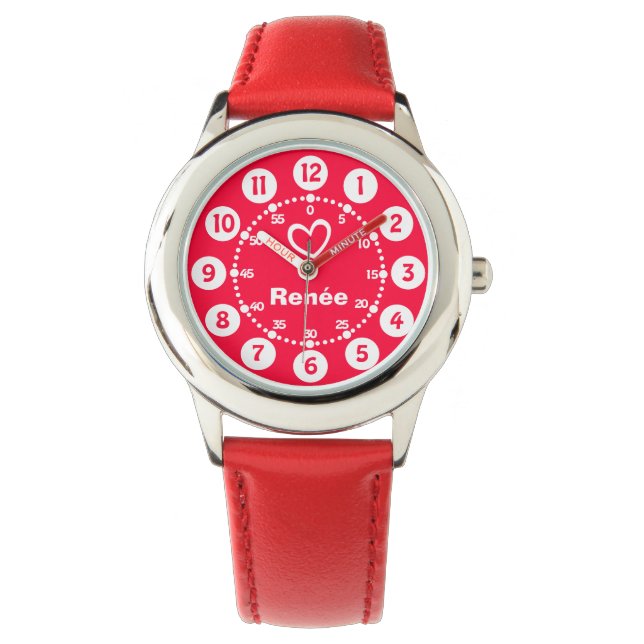 Montre Filles rouge & blanc coeur court nom bracelet (devant)