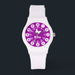 Montre Filles violet & blanc court nom bracelet<br><div class="desc">Montre d'art graphique avec un simple papillon blanc. Idéal pour les filles regarder les fonctions à la fois minutes et heures. Personnaliser avec votre propre petit prénom ou pseudonyme exemple lit Ellie. Idéal pour l'école et le sport comme caractéristiques de votre nom de filles.</div>