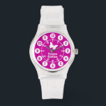 Montre Filles violet, rose, blanc pleine nom bracelet<br><div class="desc">Les enfants de l'art graphique regardent avec un simple papillon blanc. Idéal pour les filles en âge d'aller à l'école apprenant à lire une horloge comme des minutes et des heures. Personnaliser avec votre nom complet exemple lit Yvette Collins. Idéal pour l'école et le sport, car présente votre fille nom...</div>