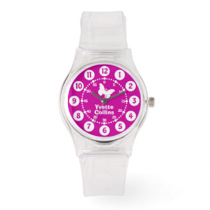 Montre Filles violet, rose, blanc pleine nom bracelet