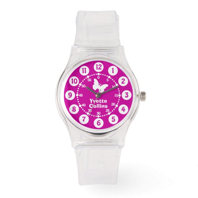 Montre Filles violet, rose, blanc pleine nom bracelet (Recto)