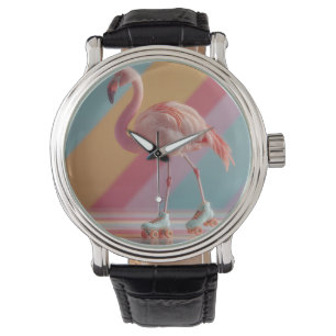 Montre Flamant rose fantaisiste sur des patins à roulette