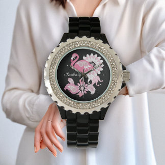 Montre Flamant rose moderne personnalisé noir rose pastel