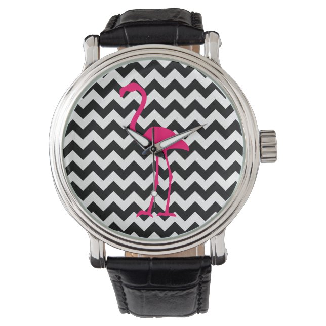 Montre Flamant rose rose vif Zigzag noir et blanc (devant)