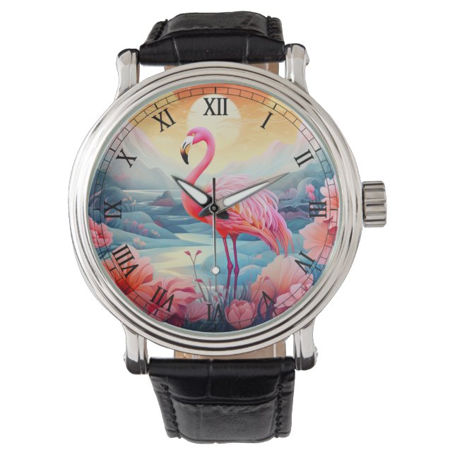 Montre Flamant rose tropical avec fleurs-76280 (devant)