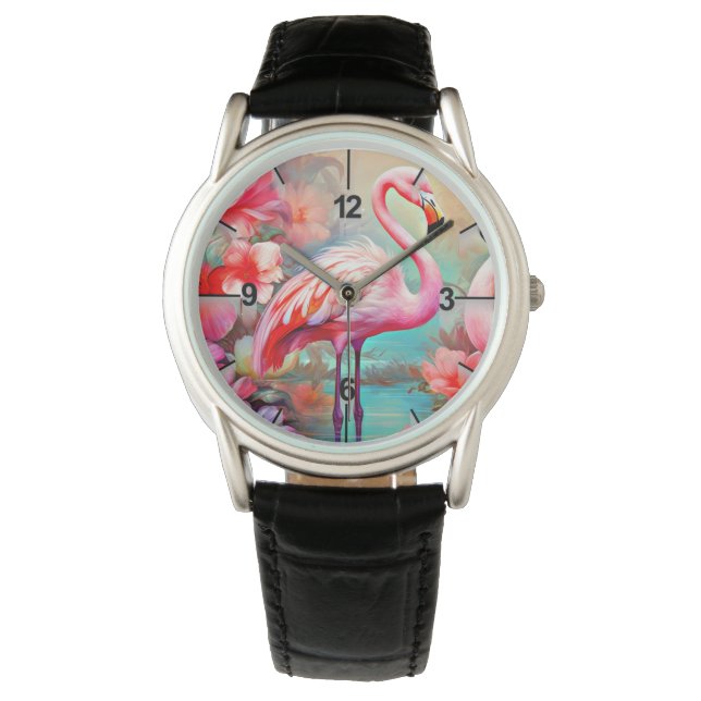 Montre Flamants roses roses dans un lac aux fleurs (devant)