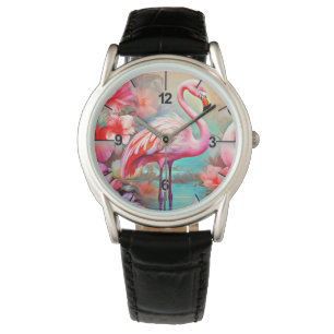 Montre Flamants roses roses dans un lac avec fleurs-20231