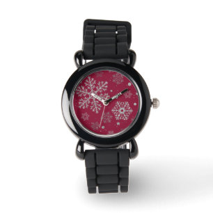 Montre Flammes de neige en argent sur rouge foncé