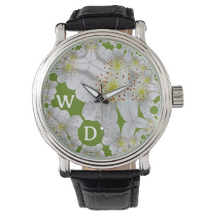 Montre Fleur blanche élégante personnalisée Art vert oliv