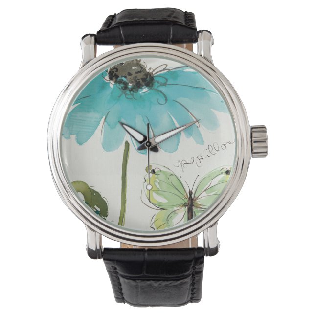 Montre Fleur bleue et papillon (devant)