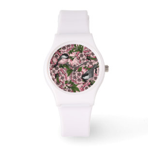 Montre Fleur de cerisiers et poulets roses