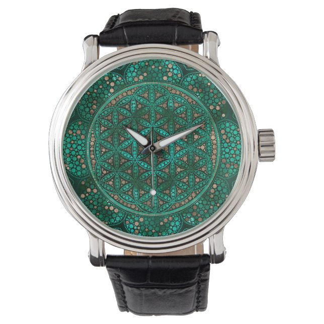 Montre Fleur de la vie Point Art malachite or (devant)