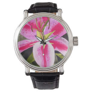 Montre Fleur de lièvre rose chaud aquarelle pop art fleur